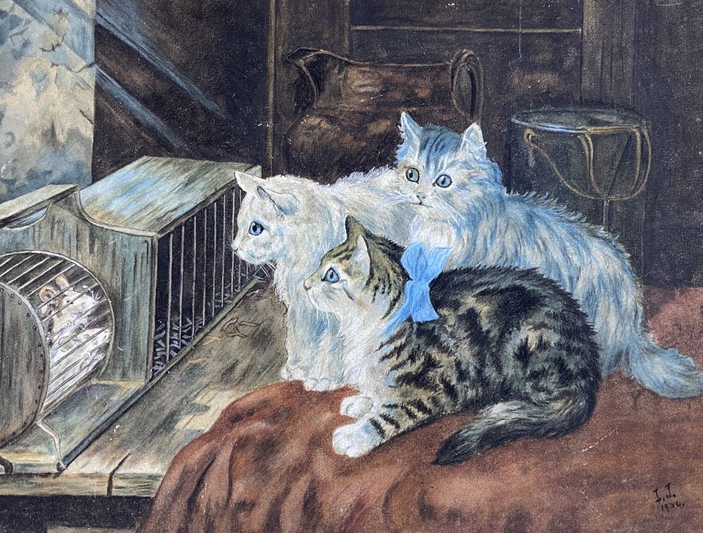 I.J. 1908, two watercolours, Cats beside a mouse cage and Hounds beside a stable, largest 23 x 32cm